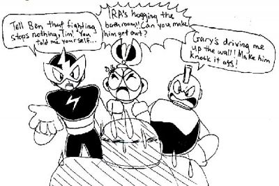 Gut's Big Break
A scene from the epilogue of the same name! Gut's gets alot of flak from the S6 members. Drawn by Fushidane.
Keywords: Elec;Cut;Bomb;Guts