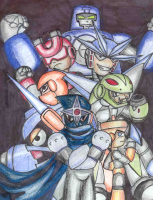The Mechanical Maniacs
Gauntlet's UFAC (Ultimate Fan Art Contest) entry. I got Shadowman's costume wrong. It's SO embarrassing! This was before I got the scan of manga Shadowman.
Keywords: Shadow;Hard;Snake;Gemini;Needle;Top;Spark_mm;Magnet