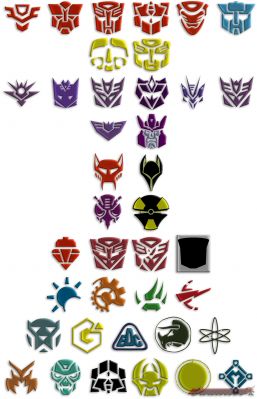 Transformers: All Factions
I dunno why, but I got it into my head to do vector-tracings of the various factions found in the Transformers. I'm a huge TF fan, so I already knew all of these existed and even had most in my personal files. But now I can resize them any way I choose ... no deterioration problems with vectors!

Added some Photoshop effects to make them more interesting to look at. Took three days in all.

These are all the various factions found in the TF series as well as some variants on the symbols presented. All are official in some way or another. 

A cookie to any who can name them all! 

Transformers copyright Takara

I found an actual list of factions which makes having fun with this as a guessing game kind of a moot point. Of, well. The list has most of the interesting symbols and had I found it earlier I probably wouldn't have done this. Still, it didn't have all of them (yet) and I'll use their to fix whatever flaws mine have (as they were done off bad scans I found on my travells on the net).

1st row: Ancient Autobot (ehobby Blitzwing and 5 faces of Darkness), War Within Autobot, G1 Autobot, G2 Autobot, Transtech Autobot

2nd row: 123 Transformers Autobot, Gobots (Playschool) Autobot.

3rd row: Symbol shown in the G1 cartoon after Shockwave calls Megatron (some fans dub this "Ancient Decepticons and , in the end, why not?), War Within Decepticon, G1 Decepticon, G2 decepticon, Transtech Decepticon, G1 Toon Decepticon

4th row G1 Decepticon (shown on one picture of Galvatron done for some crap by the TV Magazine people), Galvatron't head from a DVD set (not a real "faction", but it's done in it's style, I like Galvatron, and it looks almost good .... 'sides Galvy is nutty enough to make the Decepticon's faction symbol his face. After all, Prime did it).

5rd row: Maximals (BW, BM)

6th row: Predacon BE, Vehicon

7th row: Brazil's Transformers (shown ont he logo instead of the G1 Autobot symbol), Cybertronian symbol (shown in the DW comic once and also in the Japanese G2 story, albeit drawn in a simplified manner), Dreamwave's Auto/Decpt icon mix (for Micomasters cover art).

8th row: Earth, Giant, Jungle, Speed planets.

9th row: Optimus (from the Brazil TFs), Gobots, Earth Defence Corps G1 Season 3 (as seen with ehobby Blitzwing), Dinobots, Mutants.

10th row: Malingus (TF Brazil), Quintesson (from ehobby Blitzwing, based on the dude who gave Optimus the answer to ridding Earth of the Hate Plague in season 3), Combatron, Blendtron / Unicron emmassary (identifies as such on ehobby Blitzwing), Unicron (from DW's Armada More than Meets the Eye comic), Minicon / Unicron (in TF Energon).

I'll probably add more that I've been given more to add later on.

I feel the need to mention that, after seeing the work at the TF Wiki I traced some of the symbols I made to match up with theirs. 
