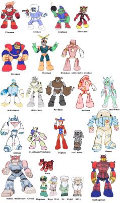 Captain N Robot Masters
Before these designs were made there was absolutely no art anywhere featuring the Cap N Robot Masters.  Then the DVD came out, vids popped up on You Tube and I made about a bagillion screenshots ...
Keywords: Doc_Robot;Top;Gamma;Fire;Ice;Bomb;Elec;Guts;Cut;Heat;Bubble;Metal;Wood;Quick;Air;Crash;Rush;Mega_man;Mega_Girl;Light;Garbage