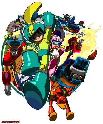 Captain N's Rockman 2
So if it's Rockman 2 what's Topman, Gamma, Garbageman, Doc Robot, and Rush doing there?  Well, Captain N's Megaman 2 episode didn't have Flashman for some reason.  And since Mega Girl's in there and she has nothing to do with MM2 (Roll isn't even in the game at all; why's she on the box in the first place?) I figures Topman could substitute for Flash.  As for Rush, Archie's homage to the art featured Rush, so I put him in place of Item-2.  With those two in there I figured I may as well add Doc Robot, Gamma and Garbage in place of the Hothead, Air Tikki and Tellys to fill out the space.

I tried to mimic the effects of the circle as closely as possible.  Surprisingly, they don't all converse on one central point.  I also tried to get the colours as correct as possible for all the characters, making sure to colour correct each screen shot as I went along.  Doc Robot wound up having more colours than I used to think, with different shades of grey and white in his design rather than the flat grey I thought he had.  Bubble was annoying to finish as he has two distinct designs in the one episode, changing from one frame tot he next (I went with the one I preferred).  I also wish I had went with the second version of Megaman's look, from Season 3 of Captain N.  It's actually quite different from the original, but I forgot all about it when I drew this up.  Megaman's visor went through a few revisions until I found a way of rendering it I was happy with.  On the show it's almost like a cloth mask, but I know it's meant to be a visor (Mega Girl's visor being rendered more as you'd expect).  

When drawing this I decided to go with the proportions found in the Rockman 2 art.  Unlike the Rockman 1 designs, these ones sometimes had wildly different proportions, especially Quickman and Clashman.  And both had very fixed expressions in Captain N.  I decided they didn't need to retain those expressions and that the picture would work best if I retained the proportions from the original art.  However, as I did with the Rockman 1 art I did enlarge MM's and MG's heads; after all if I'm tracing and altering art I may as well alter it to be in my own style.  

In the end I really like how this picture turned out. 
Keywords: Gamma;Mega_man;Mega_Girl;Rush;Wood;Top;Metal;Doc_Robot;Air;Quick;Garbage;Crash;Heat;Bubble