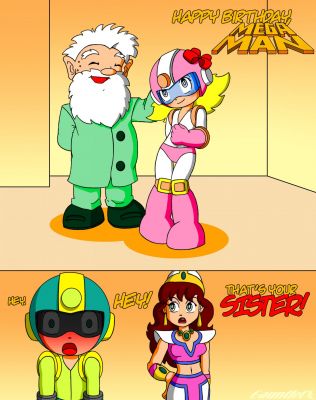 That's your sister!
Dr. Light created Mega Girl as a birthday present for Mega Man.  This is canon.  It's totally innocent in the show, but ... come on!  That had to be the most unintentionally suggestive thing that's ever happened in a MM related story.  

But, you know, despite drawing this (as it just kinda popped into my mind), I don't actually think Mega Girl is actually Megaman's sister, despite being Cap N's Roll.  

At the time of Megagirl's creation the only time we saw Roll was at the end of Megaman 1.  We didn't even know her name as she wasn't even mentioned in the manual.  So, not only don't we get the name "Roll"  we also don't get the cleaning aspect of Roll either.  As for the sibling status, that was first brought up in Megaman 3, in relation to Protoman, so that very important theme to the Megaman Universe just wasn't in place in Captain N at all.  Which seems strange as it's become very much a part of the Classic Series.  

The whole sibling thing is very inconsistent in the MM series.  Megaman, Protoman, and Roll have a sibling type of relationship.  Buuuuuut Iceman has romantic feelings for Roll (which actually was followed up on in the Archie series).  And Roll isn't too fussed about the MM9 robots going to the scrap heap because they're "expired."  There's little reference to Cut or Gutsman as being siblings to Megaman in any media; even the Ruby Spears cartoon where Protoman was always calling Megaman his brother.  And how about Rush?  He's just as much of a Lightbot as Roll.  

A few variations of this pic popped into my head based on all that, but I think I'll just leave it at this. 
Keywords: Mega_Girl;Mega_man;Lana;Light