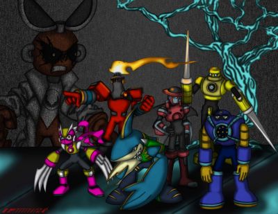 The Sinister Six PC.EXE team VS General Cutman.EXE
Based on an old short story - http://themechanicalmaniacs.com/stories/series6/S6EXE.php

This is the final form of the Sinister Six PC picture (the Sinister Six is the Megaman PC team). This didn't correspond to any story idea in particular, I just thought it'd be funny if Torchman made up a story that couldn't possibly be true - liek them going afetr General Cutman all on their own, as if they could.
Keywords: General;Cut;Bit;Wave;Blade;Oil;Torch;Shark
