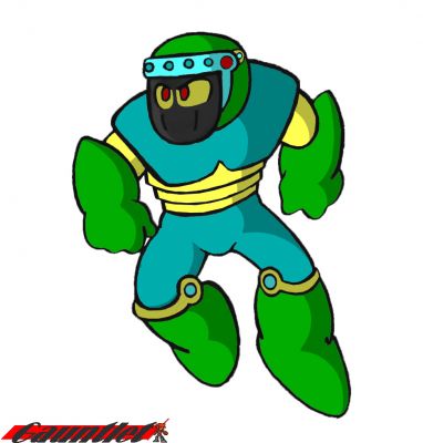Dynaman
This was made for an old April Fool's Day project - "official" art for the Megaman PC games.  With an eye towards making it look like something that Rozner Labs would actually make, so it's shamelessly traced.  It was done a long while ago, so it was done by hand.  If I did it now it'd turn out much better.
Keywords: Dyna