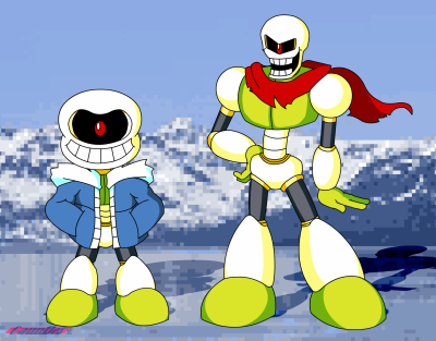 Sans and Papyrus Joe
Undertale's a great game with great music.  So I started to wonder how I could fit it into the Megaman fanfics I make (especially since crossovers are basically what my fanfics are all about)

After a lot of thought I figured the best approach would be to make two Skeleton Joes inexplicably act like Sans and Papyrus.  Sure, why not?  One day I'll write the thing.

When drawing this I realized that Papyrus' outfit actually breats a striking resemblance to the basic Skeleton Joe body.  Go figure.  Drew it in Flash.  Yep, old depricated Flash.  Not sure if I like using it too much. 
