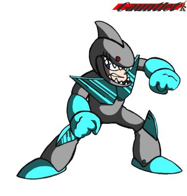 Sharkman
This was made for an old April Fool's Day project - "official" art for the Megaman PC games.  With an eye towards making it look like something that Rozner Labs would actually make, so it's shamelessly traced.  It was done a long while ago, so it was done by hand.  If I did it now it'd turn out much better.
Keywords: Shark