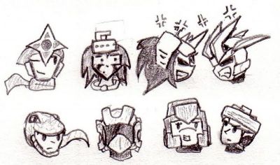 Chibi Mechanical Maniacs
And this picture marks a few occasions.
-First drawing I've ever done with the intention of making it 'cute'
-First drawing I've ever attempted using the new versions of all eight maniacs
-First drawing from me WITH all eight maniacs (heads, at least)
-A continuation of the Maniacs Moments theme of a fairly blatant hatred between Needle and Gem.
Keywords: Shadow;Hard;Snake;Gemini;Needle;Top;Spark_mm;Magnet
