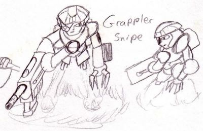 Dark Blue: Grappler Snipe
This guy is one of the weirdest thing I've EVER drawn. Also, a terrible, terrible concept. Part of the Dark Blue series, he basically existed o hang out and snipe people. Since then, I've remade him into two seperate robots, one of which you've seen (Felaurdo) and one of which I actually haven't drawn yet (Dulran). Grappler was funny mostly because he didn't have legs, tho...
