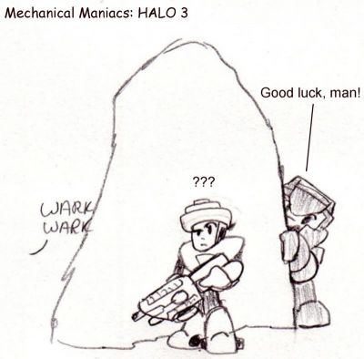 Halo 3: Mechanical Maniacs
And here, we see Hardman, bravely volunteering Topman to take point. Why? Isn't Hardman kind of, y'know, invulnerable to little things like bullets and plasma? That may be, but there's a deeper secret here. Is Hardman... embarassed by the weapon he got stuck with? We may never know...

Until the next Chibi pic. I intend to keep each Maniac paired with the weapons shown so far... As well as any random guests that show up over the week that I'll be doing these.
Keywords: Top;Hard