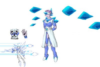 Ascendant Crystalgirl
Here is Crystalgirl in the guise of "Hera", or the "White Governor". In this form she can generate and grow crystals in addition to manipulating them. The free-floating crystals are more uniform and behave like shmup options. Being energen crystals, they're able to shoot energy on their own (I think the current version of her crystal laser is just refracted and amplified light from an external source). The original design I had in mind for this was a little less fancy. It would still look "cleaner", and more advanced than her current body, but with shorter hair, pixie cut, and without the fabric parts of the outfit. It was only while drawing that I realized she was going to adopt a more regal look.
Keywords: Crystal