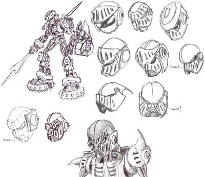 Omniman Heads
Various sketches of possible Omniman head designs, along with a body design I was already fine with. 

The first one in the upper left is based on his original sprite, it's just there as basis for what to improve upon.

As you can see I was going for a grimacing knight's helmet idea. As Lennon specified, it was also supposed to look like the head of Robot Wars House Robot Sir Killalot. That's his head on the the third row. I didn't want to copy it exactly, but I wanted something just as cool looking. The closest I came was the shaded one at the bottom, which I ended up using in the final design.

Drawings by me. Omniman created by ~icyrosebishounen, Sir Killalot designed by BBC. 
Keywords: Omni
