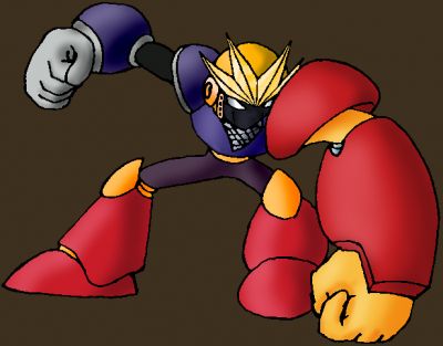 Chimeraman
Chimeraman of the Evil Eight. He has the legs of Quickman, the torso of Shadowman, the right arm of Hardman, the left arm of Gutsman, and the head of Geminiman. 

The original sprite of this guy had some very odd colours. They were a jumbled mismash, as you'd expect from a frankenstein monster such as this, but the colours didn't even correspond to the parent robot parts! The legs were grey, the torso was green, and the left shoulder was blindingly yellow. Lennon's excuse is that these were his early days of spriting and pallettes weren't his forte. 

I opted to go back to the original RM colours, save for the head. It's still a gaudy mess of primaries, but at least this gaudy mess makes sense in context. I kept the head yellow and black, since that's a defining trait for Chimeraman. It would have looked just too strange to make him suddenly have a perfect Geminiman head replica there.

Chimeraman was designed by Lennon of the Mechanical Maniacs based on characters by Capcom. Drawing by me. 
Keywords: Chimera
