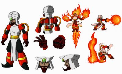 World's Strongest - Flameman
Flame's redesign allows him to generate flame from various points on his body. When he goes all out, he takes on the form of a djinn. I'd also wanted to give a robot a beard like that for a good while.

Keywords: mm6