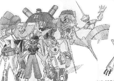 Megaman 3.EXE
A group shot of the MM3 RMs as navis.Only four of these guys are official designs. I borrowed the Gemini concept from Quickie, and Hard, Spark and Top are mine.(Drawn before EXE4 info came out)
Keywords: Shadow;Hard;Snake;Gemini;Needle;Top;Spark_mm;Magnet