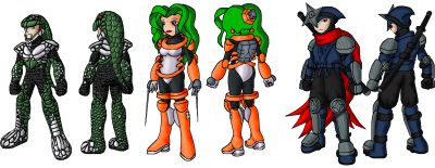 T2 'Maniacs
Last of the concept art for the Mechs' TM2 designs. Hopefully you can tell how my colouring style on Snakeman's scales improved from head down. At first I thought large, roughly drawn scales would be best for a concept, but they really hurt in the long run. The smaller and more fine they are, the better they look coloured, I'll definitely keep that in mind for the real artwork to come.

 Snakeman, Spark Chan, and Shadowman copyright Capcom and the Mechanical Maniacs.

 The TM2 designs are copyright Rich Kassidy.
Keywords: Snake;Spark_mm;Shadow