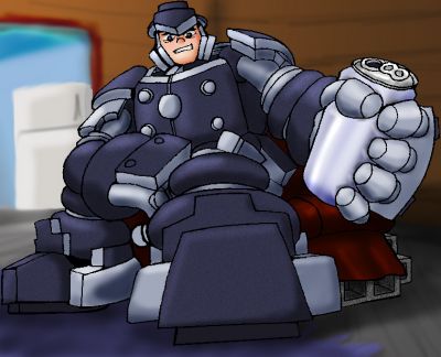 TM2 Hardman: Take it Easy
Take a load off on a steel-reinforced couch.

Like last week's Wily, this is one of the pics I drew over a year ago and only just now finished.

I set out to draw pics like this for all the Mechs in their TM2 armour. I last posted Needlegal, Magnetman, and Geminiman. If you look back at them, you'll see they're all pretty much action poses. Well, for Hardman, this IS an action pose.

I think that fridge may only be big enough to store one of those giant beer cans.

Hardman copyright Capcom. TM2 design by Rich. Drawing by me.
Keywords: Hard;TM2