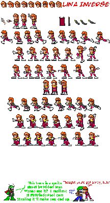Midoriman - Everybody Loves Lina!
Lina Inverse is a woman of many faces... and now she appears in Megaman form. This is a work-in-progress sprite sheet of Lina, of Slayers fame.
Keywords: AXE;Slayers
