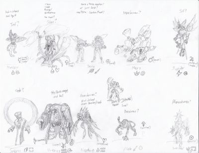 Starcross - prototype designs
My original thought of "what if Stardroids were navis? Also Holst references for some reason" led to this sheet. I tried to cover as much of the planet symbolism as I could, which led to some really busy concepts. Particularly Uranus, who's named after a sky god, based on an earth bull robot, with theme music called "The Magician". Also threw in some astrological stuff to see what would stick. 

At first I was drawing them as their own characters, but I soon hit on the idea that they would all be existing characters that underwent a transformation. Part of that was an older concept for Mars where he was a mutation of Napalm, part of it was Saturn coming out looking like Fate because I was going for the "Old Age" theme, part of it was wanting to do a little something different with my Navi Stardroids set from all the other fanartists.
Keywords: AXE