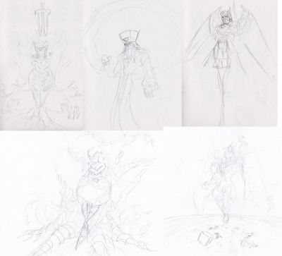 Starcross - Terra, Saturn, Jupiter, Sunstar
Sketches for some of the bigger, badder Crossed forms. Saturn X Gate is pretty straightforward. The two Terra X Gaia images and Jupiter X Megaman are actually for second, "final boss" style forms that all the Crossed would have had if I didn't show some restraint and limited that gimmick to Mars because the Mars design was already out there and I at least wanted to follow through on it. The Sunstar one is from early enough in the planning stage that I was thinking maybe he would be an ascended form of Pharaohman. That's him breaking out of the sarcophagus. 
Keywords: AXE