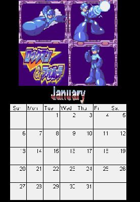 Pg 02: January
Gemini Blue here! For all you Megaman-enthusiasts I have prepared a Megaman-themed calendar! It can actually be used too! Just save it on yer disk and print. Easy!
