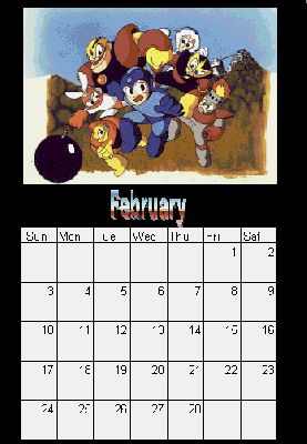 Pg 03: February
Gemini Blue here! For all you Megaman-enthusiasts I have prepared a Megaman-themed calendar! It can actually be used too! Just save it on yer disk and print. Easy!
