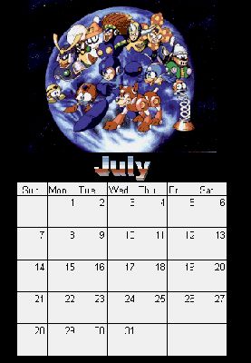 Pg 08: July
Gemini Blue here! For all you Megaman-enthusiasts I have prepared a Megaman-themed calendar! It can actually be used too! Just save it on yer disk and print. Easy!
