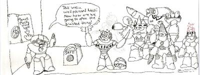 The Hiest
A funny Comic scene with several Robot Masters
Keywords: Crash;Shark;Spark_mm;Needle;Napalm;Drill;Fire