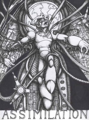 Quickman - Assimilation
This was drawn on 11X14 Bristol board, and the scanner bed is about 9X12, so I couldn't get the entire pic. This took me about 2 days to draw, all in pen. I'm not gonna colour it, so it's staying black-and-white.

I used alotta Giger references for that one, and only one Borg reference (mostly for that lightning plate thing, and even then, I just BSed it.). Yeah, I stole Doc Oc's arms, but I thought they looked cool, and those hose-tentacle things on BS's back needed some added features. 

Based off of the pic that Gauntlet drew, I drew up a few reference sketches, and tweaked BS to my liking. I added allot more hoses and tubes, changed the armour neckline to resemble the Borg Queen's, and added those nice flesh-stretching hooks. 

And I realized something as I was finishing that pic off... The entire design and layout resembles some bizarre freakish crucifixion. I mean, you got the pose, you got your weird-ass angel wing things, hell, you even have a weird halo! I didn't intend for that to turn out like that, but it sure looks spiffy that it did.
Keywords: FanArtGal;Bizarro;Shadow;CutChanGal
