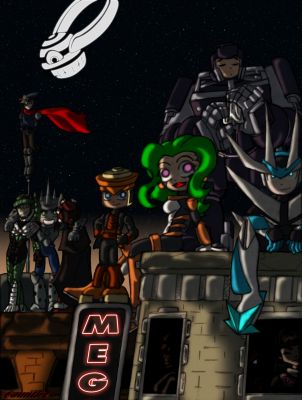 The Mechanical Maniacs on a Roof
An old drawing I finished for the 10th anniversary.  It features the 'Maniacs in their Transmetal 2 armour with their current set of main villains.  Slightly inspired by the TMNT.
Keywords: Mesmer;General;Cut;Torch;Xellos;Shadow;Gemini;Hard;Spark_mm;Snake;Top;Needle;Magnet
