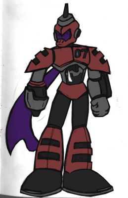 Oilman concept
This is my concept for new Oilman. His puurple visor comes from his sprite. I wanted to bring him a bit closer to the official Oil while adding some argia-esque designs (seeing as he's one step behind the 'Maniacs). Looks NOTHING like Argia's Flash tho, but I didn't really want him to look exactly the same anyhow. Dunno if I made it clear, but his stomach is glass-like and has oil inside it, bringing his "red Flashman" look closer to an actual "oilman" look. 

His shoulder-pads and boots have holes in them. This is so he can use a "smog attack" where he uses internal engines to generate smog as a diversion. 

He secretly likes the official Oilman, hence his purple scarf. 

07 is his robot number. Assuming the data in the MM.EXE file is correct and that the weapons MM recieves are listed in the same order as the bosses are in, Oilman would be #4. AND, if we add the first three robots from PC1, that makes him PC07.

This was one VERY hastily colored sketch. 
Keywords: Oil