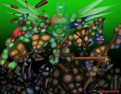 TMNT: All Turtles
Annnnnd, here's the final. I experimented with a few layouts and I like this the best. Even though Turtlebot's very obscured. 

So, there you have it! All the turtles of the TMNT mythos in one picture! Unless there's one from the Mirage line I missed, which would suck really. But no matter! Behold the glory!

I'm thinking of entering this in the TMNT art contest run by the official site ninjaturtles.com. But they hate Venus there. But it wouldn't be an "all turtle" poster without her. But if I include her it'll definitely lose. Hm. Decisions, decisions.

So, anyway, here's the final TMNT poster. Still, there's ONE last guy I may do (let the speculations begin - I SAY NOTHING!). 
