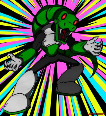 Dark Maniacs Snakeman
Dark Snake!  With as loud a background as I can think of!

So the original idea was, obviously, his whole head got blown off and his snake head just becomes the main head.  After I drew up a new sprite I noticed the original sprite actually had a broken off tail and one dead eye.  But if you have enough time to repair Snakeman's head why wouldn't you restore that eye?  And the tail is such a strong visual.  So, even though this version doesn't differ all that much from Future Snake I think the snake head make shim entirely more monstrous.  

To do with the monstrous look I inked this freehand and not in Animate.  There's not a lot of pen tool use here.  Nor was there much edits to the original pencil work here; I just added in the soles of his feet.  Dark Snake never appeared in the Maniacs Moments so I think it's just fine to look past the intended damage.  
Keywords: Snake