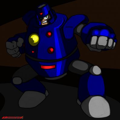 Future Mechs Hardman
More Megaman 3 stuff, this time of "future Hardman," a character found in old sprite comics by the former Hardman of the Mechanical Maniacs - Hadrian.  In the last storyline there's a flash forward to the future where the Mechs are jaded and disbanded - this is that Hardman.

The design is the least ambitious of the bunch and I liked my original pencil sketch the least which is why he's the first of the group I finished.  I just couldn't draw him right and edited the proportions in Photoshop afterwards. 

At first I tried tracing it in Animate, but it looked bad with the way I drew him, so I just used the paintbrush tool in Photoshop.  Since he's kind of a gritty character I did my old trick of showing the paper through the colors.  
Keywords: Hard
