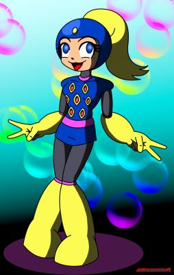 Wave Woman
Wave Woman is my totally original do-not-steal character made for my fanfiction series known mostly as "the epilogues".  She's the female replacement for a villain group - the Sinister Six's - Waveman.  Based  on the PC games.

She's made to be his total opposite.  She's fun, bubbly, really dumb, and totally weak.  But everybody loves her!  Unlike Waveman, whom everyone's sick of (but who has small bouts of usefulness).  That said, she does wind up ditching them as she's horrified to learn Torch killed Megaman (he didn't, he was just full of it, but damage done).  She represents the end of a minor arc where the Six make fun of Waveman; they wind up appreciating him.  A little bit.  

This is another attempt to "ink" my line art in Flash / Animate.  I like the hard edge it gives my lines.  I still suck at hands, though.  I wound up tracing references for real hands to get what I have here.  I guess it's something to work on.  
Keywords: Wave
