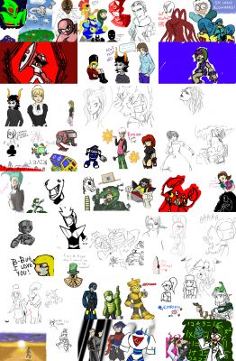 Paintchat: Collage
Back in 2011 Raijin tried to start up a regular paint chat with members of the team and the forum. It didn't last for long, but here's a collection of doodles made by those who attended. Contributions by:

Raijin
Gauntlet
Rich
Top
Classi Cal
CrystalGirl
Cyros
The Odyssey
JhoZho
Vulcan
Keywords: RajSnakeGall;topSketGal;MMGauntGal;ClassGal;RichGal;Shadow;Top;Snake;Kalinka;Proto;Waltz;Torch;Air;Ice;Enzan;Nastenka;Cancer;Brain_Bot;Makeup_Bot;Gemini;Fake;Chill_Penguin;Fan;Dusk;Kenta;Magnet;General;Cut;Crorq;Lana