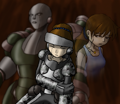 Cassandra, Constance, and SiegeMa'am
Recently completed art for Hadrian's most beleaguered supporting character, Cassandra, aka SiegeMa'am (inside the big armor), aka Constance (inside the makeshift armor). This pic was a bit rushed, to be honest. Hadrian had left some uncolored concept art around for a couple of these designs, and I had to work off of in-story descriptions and memory for everything else. It's cropped a little tight, but there really isn't anything worth seeing beyond the borders. This, plus Amatista were drawn as part of a side-project for the Mechs that hopefully we'll actually finish this year.

Cassandra/Constance/SiegeMa'am created by Hadrian Howell, drawing by me.
Keywords: Constance;Cassandra