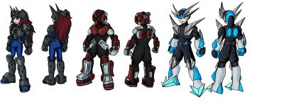 T2 'Maniacs
Concept art for DWN 17-19 in their newest armour in the series. They're all designed by Rich, who true to fashion, only showed us photos of the figurines he sculpted. Impressive, yes, but not so easy for the rest of us to draw from. Tired of haranguing Rich for better photos, or some concept art, I thought I'd do the concept art myself, and let him correct me on anything I didn't get completely accurate.

 With the details hammered out, I experimented with some colouring styles that I could use in more finalized, dynamic artowork. It's been a while already though, I hope I remember what I learned.

 I have some cool pics in mind for these guys, but for now you just get the boring stuff.

 Needlegal, Magnetman, and Geminiman copyright Capcom.
Keywords: Needle;Magnet;Gemini