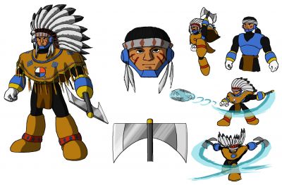 World's Strongest - Tomahawkman
Tomahawk's redesign does away with the offensive mismash of Native American stereotype imagery and replaces it with... a slightly different offensive mismash of Native American imagery. I tried to focus on Apache designs since it would fit with his desert stage in MM6, only to find out later on that war bonnets and tomahawks, the two most important aspects of the character's design, probably weren't used in that region. I may make a revised design focusing on Lakota imagery at some point. Until then, I still kinda like how this design turned out, flawed as it is.
Keywords: mm6