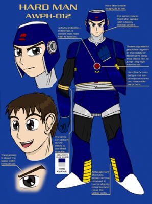 Mega Man N - Hardman
Just a robot master bio for my fanfic series, "Mega Man Now." Nothin' real big.

In "Mega Man Now," Mega Man, Roll and the robot masters can disguise themselves as humans.  They take off the helmet (if they wear one,) along with other armor parts except for the unremovable legs, put on clothes over that and take a human name.  Believe it or not, despite being 6'6" tall and super-muscular, Hard Man/Xavier Poirier is really convincing as a 17-year-old.  And no, Hadrian Howell was not the inspiration.

By MegaManN 
Keywords: Hard