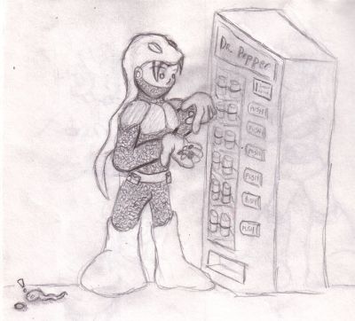 [003] Chibi Maniacs - Snake Man
Here we see Snake "hunting" for change at the Dr. Pepper machine (as made reference to in the Business of War intro). My theory is that he never needs to pay for his soda addiction, he just uses his search snakes to find all the change that people drop around the vending machine. Snake's in the process of counting, while one of his serpent servants spots a rogue nickel.
Keywords: Snake