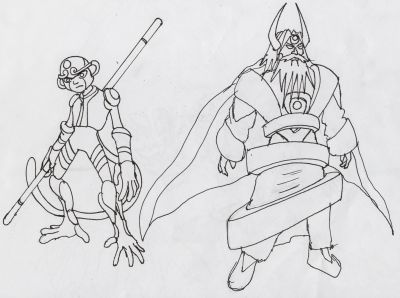 Starcross - Gate and Buster Rod
Not actually a part of Starcross, these are designs for principal characters in the nonexistant story that preceded it. It was originally going to be the basis for the AXE/Mechs crossover back when we first vowed to do it, but over time I realized I wasn't going to get to do both this and Starcross, and I just wanted to skip to Starcross.

The story would have centered around the return of Fate, now merged with the remnants of Gamma and going by "Gate", along with his minion, Monkey, a.k.a. Buster Rod G(amma). They'd be on a quest to defeat the legendary warriors of the Cyberworld and claim their legendary weapons, these being the basis for all the rare battlechips in the games whose pictures don't have easy in-universe explanations, like GoldFist, ZeusHammer, Z-Saber, Gun Del Sol, etc. It would turn out these are all extradimensional visitors (obvious, in Zero's and Django's case) crossing over with the cyberworld under mysterious circumstances. This would provide the excuse for the Mechs to be involved. Gate would steal the weapons, power up, heroes would beat him, he would vanish into a black hole and emerge elsewhere in his Saturn form for the next storyline, at some point Flamechick would regain her lost memories and get a new mask setting her up for the next storyline.

The Starcross epilogue references Gate and this missing storyline, but in the end I figured everyone's imaginations could fill in the gaps better than another exhausting drawn-out saga from me.
Keywords: AXE