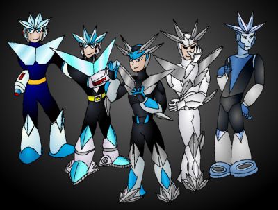 Geminiman over time
All the different forms of Geminiman over the course of the Mechanical Maniacs canon. (Excluding Gemini Red and Neo Gemini)

From Left to Right:
Original Geminiman, Transmetal Geminiman (Manga version), Transmetal 2 Geminiman, White Knight Geminiman (Business of War) and Alternate Geminiman (Nintendo Power version)
Keywords: gemini;white_knight;transmetal;